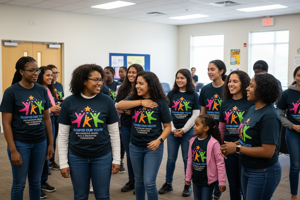 Diverse kids and families gathered together in a community center