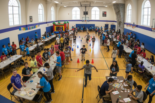 Diverse kids at an indoor youth camp doing fun activities