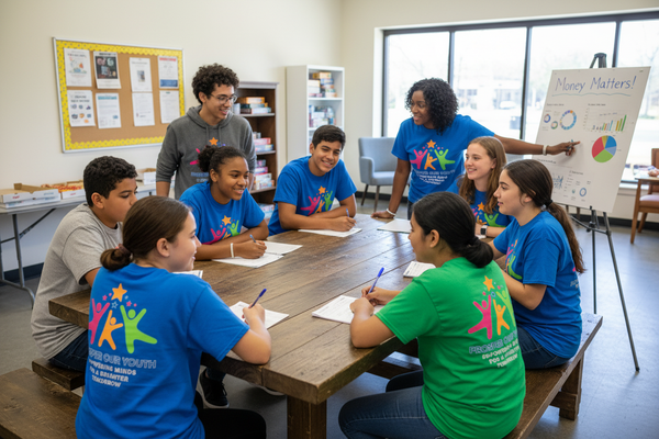 Kids casually learning financial literacy around a table