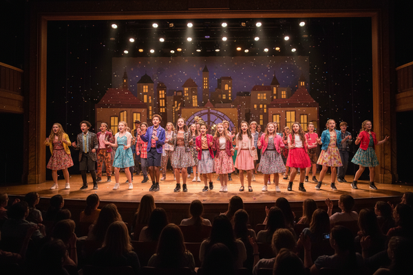 Middle and high school kids performing on stage in a theater show